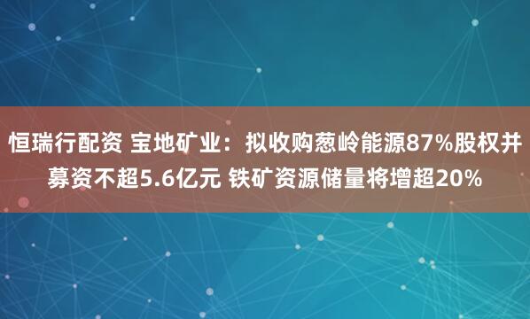 恒瑞行配资 宝地矿业:拟收购葱岭能源87%股权并募资不超5.6亿元 铁矿资源储量将增超20%